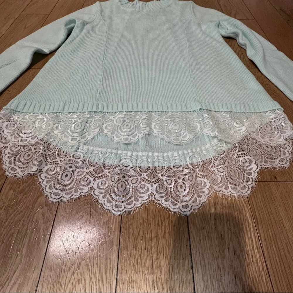 SO Aqua Lace-Hem Crewneck Sweater